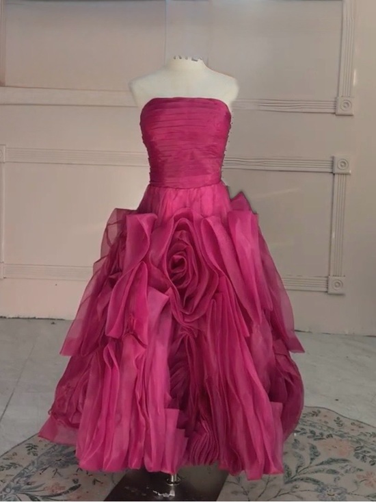 Dresses & Skirts - Organza Rosette Midi A-Line Strapless Gown